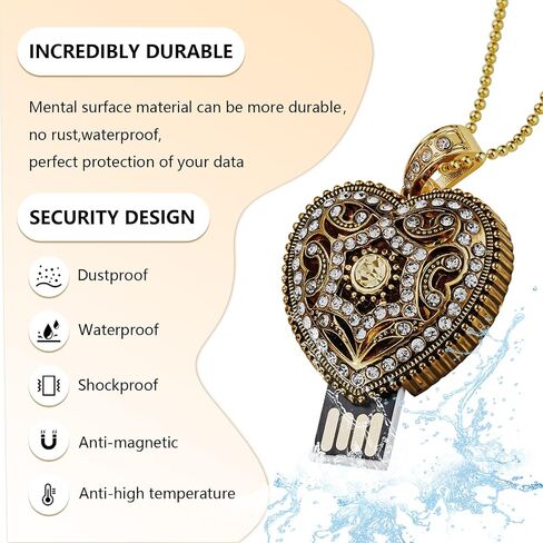محرك أقراص فلاش USB ، قلب قطره 16 جيجابايت/32 جيجابايت/64 جيجابايت/128 جيجا بايت محمولة USB2.0 لعصا آمنة للتخزين بتخزين Pendrive Thumb (Retro Gold ، 128GB) in Kuwait