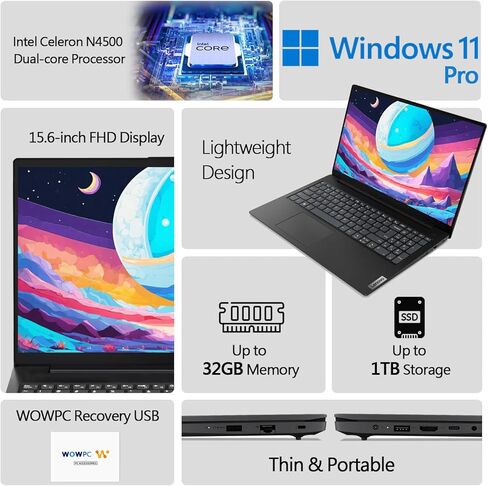 Lenovo V15 LAPTOP ، Intel Celeron N4500 Processor ، 15.6 "FHD Anti-Glare LED ، RAM 16GB ، 256GB PCIE SSD ، Ethernet Port RJ-45 ، WIFI 6 & Bluetooth 5.2 ، Windows 11 Pro ، WOWPC Recame (READED) in Saudi Arabia