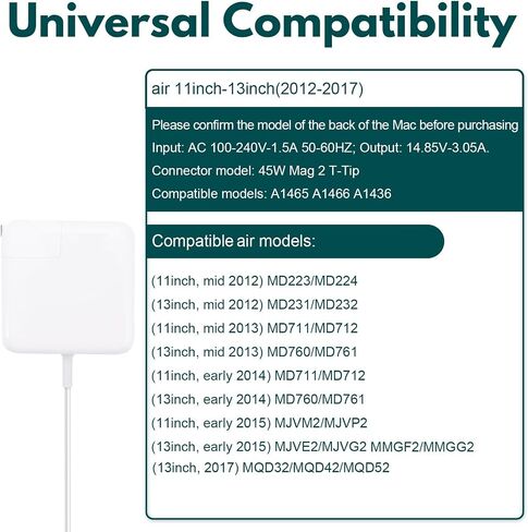 45W شاحن الكمبيوتر المحمول لـ 45W MAG2 T-TIP LAPTOP ADAPTER متوافق مع الهواء المحمول 11 بوصة و 13 بوصة من 2012 إلى 2017.A1365 .A1369. A1370. A1304.A1237.A1244 .A1374. A1377. A1204 in Kuwait