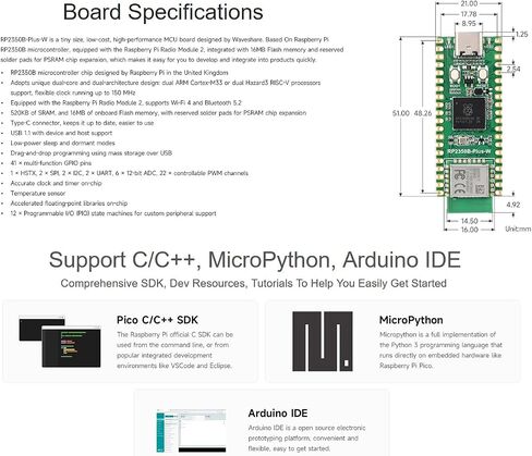 Waveshare RP2350 Microcontroller Development Board RP2350B-Plus-W, Equipped with Raspberry Pi Radio Module 2, Support Wi-Fi and Bluetooth, Built-in 520KB SRAM and 16MB on-chip Flash Memory in Saudi Arabia