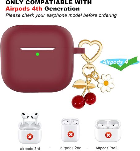 Protective Case Cover for Airpods 4 with Cute Cherry Charm Heart Keychain,Soft Silicone Airpod 4 Daisy Key Chains for Apple Airpods 4th Generation Case for Women Men Burgundy in Saudi Arabia