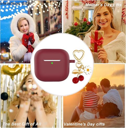 Protective Case Cover for Airpods 4 with Cute Cherry Charm Heart Keychain,Soft Silicone Airpod 4 Daisy Key Chains for Apple Airpods 4th Generation Case for Women Men Burgundy in Saudi Arabia