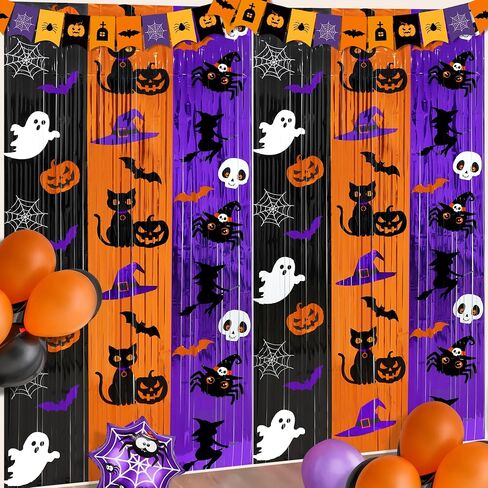 3Pack Halloween Foil Fringe Curtains 3.3 x 6.6Ft Black Orange Purple Tinsel Curtain Pumpkin Bat Photo Backdrop Streamers Black Cat Witch Hat Metallic Foil Backdrop for Halloween Party Wall Door Decor in Saudi Arabia