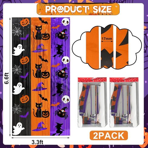 3Pack Halloween Foil Fringe Curtains 3.3 x 6.6Ft Black Orange Purple Tinsel Curtain Pumpkin Bat Photo Backdrop Streamers Black Cat Witch Hat Metallic Foil Backdrop for Halloween Party Wall Door Decor in Saudi Arabia
