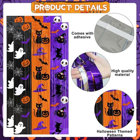 3Pack Halloween Foil Fringe Curtains 3.3 x 6.6Ft Black Orange Purple Tinsel Curtain Pumpkin Bat Photo Backdrop Streamers Black Cat Witch Hat Metallic Foil Backdrop for Halloween Party Wall Door Decor in Saudi Arabia