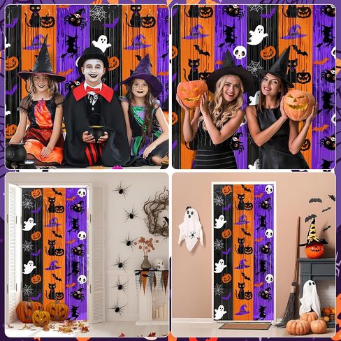 3Pack Halloween Foil Fringe Curtains 3.3 x 6.6Ft Black Orange Purple Tinsel Curtain Pumpkin Bat Photo Backdrop Streamers Black Cat Witch Hat Metallic Foil Backdrop for Halloween Party Wall Door Decor in Saudi Arabia