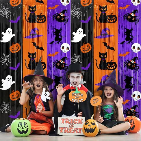 3Pack Halloween Foil Fringe Curtains 3.3 x 6.6Ft Black Orange Purple Tinsel Curtain Pumpkin Bat Photo Backdrop Streamers Black Cat Witch Hat Metallic Foil Backdrop for Halloween Party Wall Door Decor in Saudi Arabia