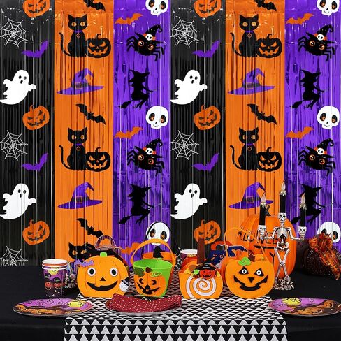 3Pack Halloween Foil Fringe Curtains 3.3 x 6.6Ft Black Orange Purple Tinsel Curtain Pumpkin Bat Photo Backdrop Streamers Black Cat Witch Hat Metallic Foil Backdrop for Halloween Party Wall Door Decor in Saudi Arabia
