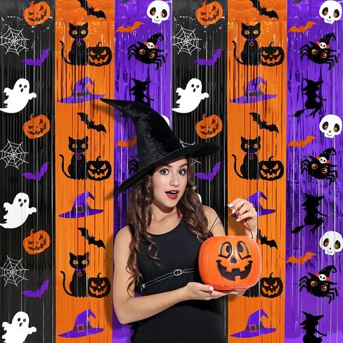 3Pack Halloween Foil Fringe Curtains 3.3 x 6.6Ft Black Orange Purple Tinsel Curtain Pumpkin Bat Photo Backdrop Streamers Black Cat Witch Hat Metallic Foil Backdrop for Halloween Party Wall Door Decor in Saudi Arabia