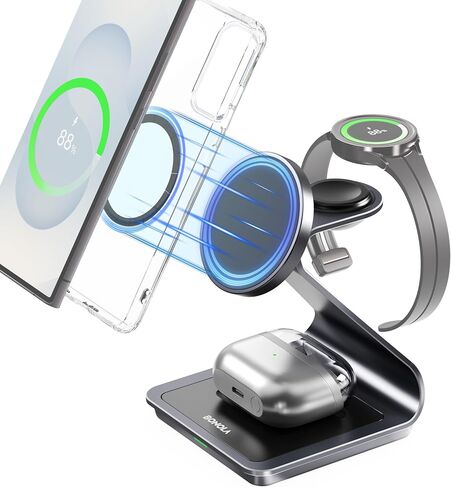 الشاحن اللاسلكي لشركة Samsung: Magnetic 3 in 1 محطة شحن لاسلكية لـ Samsung S25 S24 Ultra S23 S22 S21 ، Dock Charger Aluminium Alboy Stark for Galaxy Watch Ultra/7/6/5/4 ، Buds 2/2 Pro in Saudi Arabia