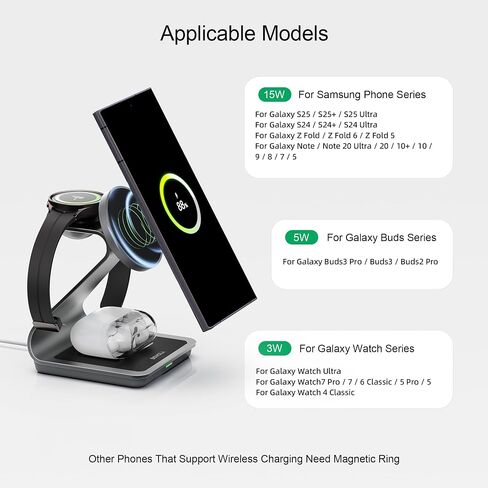 الشاحن اللاسلكي لشركة Samsung: Magnetic 3 in 1 محطة شحن لاسلكية لـ Samsung S25 S24 Ultra S23 S22 S21 ، Dock Charger Aluminium Alboy Stark for Galaxy Watch Ultra/7/6/5/4 ، Buds 2/2 Pro in Saudi Arabia
