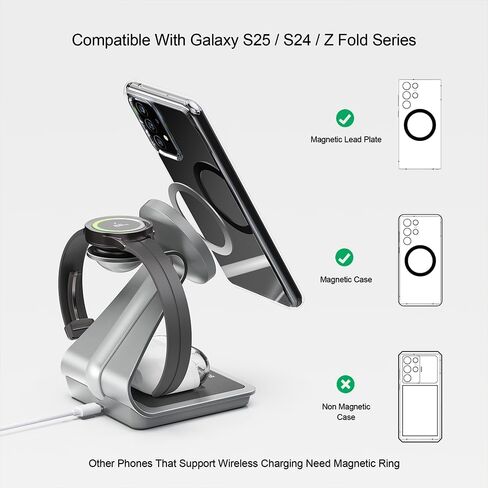 الشاحن اللاسلكي لشركة Samsung: Magnetic 3 in 1 محطة شحن لاسلكية لـ Samsung S25 S24 Ultra S23 S22 S21 ، Dock Charger Aluminium Alboy Stark for Galaxy Watch Ultra/7/6/5/4 ، Buds 2/2 Pro in Saudi Arabia