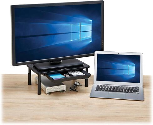 TRIPP LITE Single Monitor Riser Stand للمكتب مع درج التخزين ، والطول القابل للتعديل ، والبناء المعدني مع فتحات تدفق الهواء وأقدام المطاط ، والأسود ، و 15 × 9 بوصة منصة ، وضمان 5 سنوات (MR159D) in Saudi Arabia