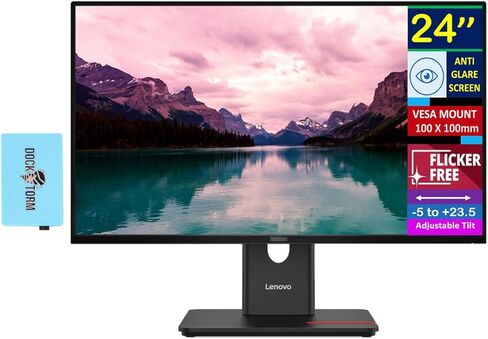 Lenovo ThinkVision 24" FHD IPS Monitor with 4ms Response Time, Anti Glare, Flicker Free, VESA Mount (100mm), Displayport, HDMI & Dockztorm USB Port Expander, Black Color in Saudi Arabia