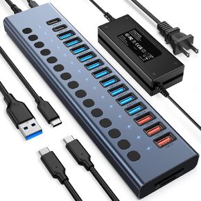موزع USB يعمل بالطاقة، موزع VANGREE 17 منفذ 90 وات USB 3.0 (10 منافذ USB 3.0 + 3 منافذ شحن 2.4 أمبير + 2 منافذ USB-C 3.0 + قارئ بطاقة SD/TF)، مفاتيح تشغيل/إيقاف فردية، محول طاقة 12 فولت للكمبيوتر المحمول، الكمبيوتر (أسود) in Kuwait