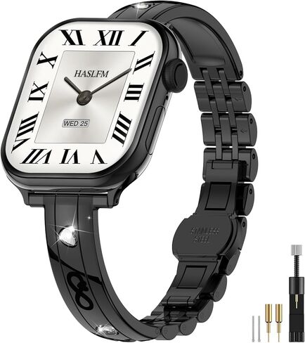 نطاقات رقيقة من الفولاذ المقاوم للصدأ متوافقة مع Apple Watch 38mm 40mm 41mm 42mm (سلسلة 11/10) للنساء ، حزام المعادن الأنيق الماس لسلسلة Iwatch 9 8 7 6 5 4 3 2 1 Se3/2/1 ، Silver in Kuwait