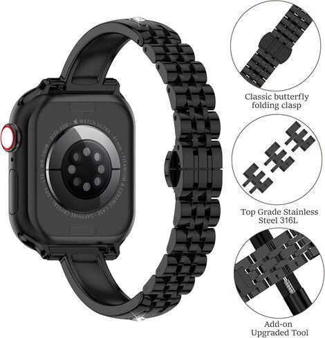 نطاقات رقيقة من الفولاذ المقاوم للصدأ متوافقة مع Apple Watch 38mm 40mm 41mm 42mm (سلسلة 11/10) للنساء ، حزام المعادن الأنيق الماس لسلسلة Iwatch 9 8 7 6 5 4 3 2 1 Se3/2/1 ، Silver in Kuwait