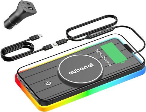 Magnetic Wireless Car Charger Pad, Aubenai 15W RGB Fast Wireless Charging Pad Non Slip Charging Mat with 70cm Extension Cable Compatible with Magsafe Charger iPhone 16 15 14 13 12 (Extension USB-C) in Saudi Arabia