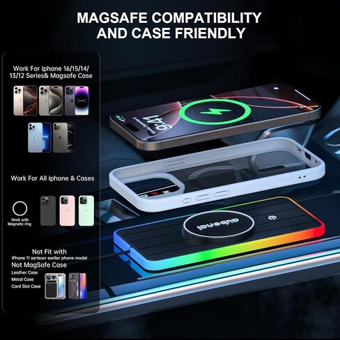 Magnetic Wireless Car Charger Pad, Aubenai 15W RGB Fast Wireless Charging Pad Non Slip Charging Mat with 70cm Extension Cable Compatible with Magsafe Charger iPhone 16 15 14 13 12 (Extension USB-C) in Saudi Arabia