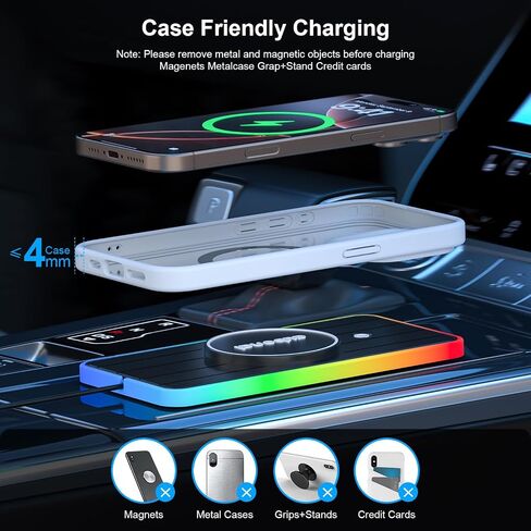 Magnetic Wireless Car Charger Pad, Aubenai 15W RGB Fast Wireless Charging Pad Non Slip Charging Mat with 70cm Extension Cable Compatible with Magsafe Charger iPhone 16 15 14 13 12 (Extension USB-C) in Saudi Arabia