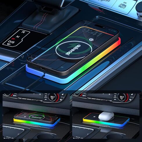 Magnetic Wireless Car Charger Pad, Aubenai 15W RGB Fast Wireless Charging Pad Non Slip Charging Mat with 70cm Extension Cable Compatible with Magsafe Charger iPhone 16 15 14 13 12 (Extension USB-C) in Saudi Arabia