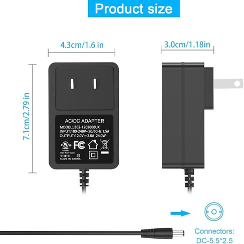 12V Power Cord for Record Player Speakers, 12V 2A AC DC Adapter for LP&No.1, 1byone, Audio-Technica and Crosley Record Player Speakers in Kuwait