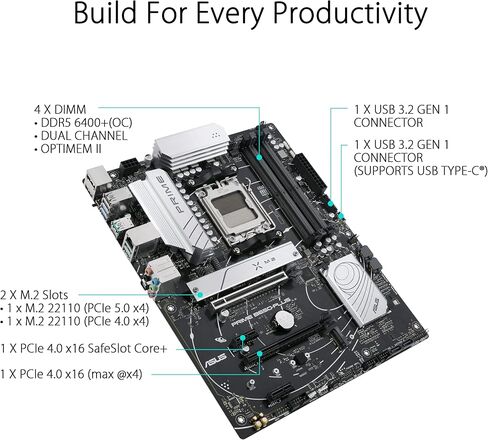 ASUS PRIME B650-PLUS AMD AM5 ATX Motherboard (DDR5 ، PCIE 5.0 M.2 ، Ethernet 2.5GB ، DisplayPort ، HDMI ، SATA 6 GBPS ، USB 3.2 Gen 2 Type-C ، Front USB 3.2 Gen 1 Type-C ، in Kuwait