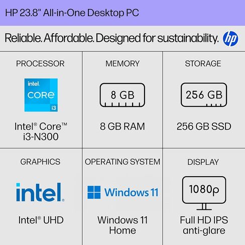 HP 23.8 inch All-in-One Desktop PC, FHD Display, Intel Core i3-N300, 8 GB RAM, 256 GB SSD, Intel UHD Graphics, Windows 11 Home, Jet Black, 24-cr0430 (2025) in Saudi Arabia
