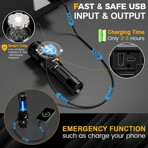 المصابيح الكهربائية القابلة لإعادة الشحن عالية Lumens 2000 طويلة المدى ، فائقة LED LED LED شاشة USB C LCD طويلة ، ومصدر ضوء مزدوج مع ضوء أحمر ، للتخييم في حالات الطوارئ in Kuwait