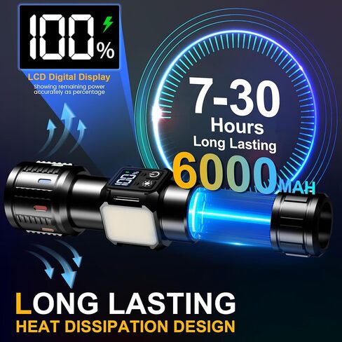 المصابيح الكهربائية القابلة لإعادة الشحن عالية Lumens 2000 طويلة المدى ، فائقة LED LED LED شاشة USB C LCD طويلة ، ومصدر ضوء مزدوج مع ضوء أحمر ، للتخييم في حالات الطوارئ in Kuwait
