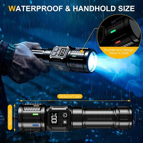 المصابيح الكهربائية القابلة لإعادة الشحن عالية Lumens 2000 طويلة المدى ، فائقة LED LED LED شاشة USB C LCD طويلة ، ومصدر ضوء مزدوج مع ضوء أحمر ، للتخييم في حالات الطوارئ in Kuwait