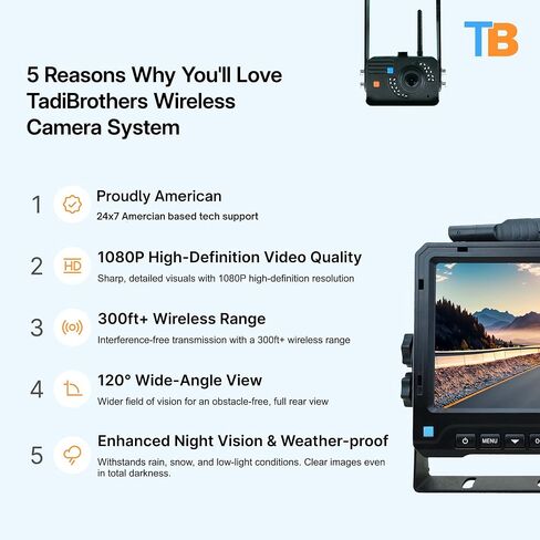 TadiBrothers 1080P Wireless RV Backup Camera & 7" HD Monitor – 300ft+ Wireless Range, 120° Wide-Angle View, Night Vision, No-Interference Digital Signal – American-Based, 1-Year Warranty in Saudi Arabia