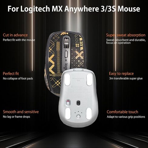 شريط قبضة الماوس لـ Logitech MX في أي مكان 3/3s ، حواف منحنية مدورة ، تزلج أقدام الماوس ، مجموعة ترقية الفئران المهنية المقاومة للعرق (لوحة القدم + الشريط الأسود الذهب) in Saudi Arabia