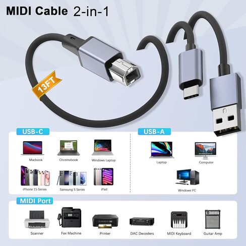 Printer USB A and USB C Cable, Printer USB Cable USB and USB-C to USB-B 2.0 for MacBook Pro, USB C MIDI Cable Nylon Braided for Yamaha Casio Digital Piano MIDI Controller Printers 3.3FT in Kuwait