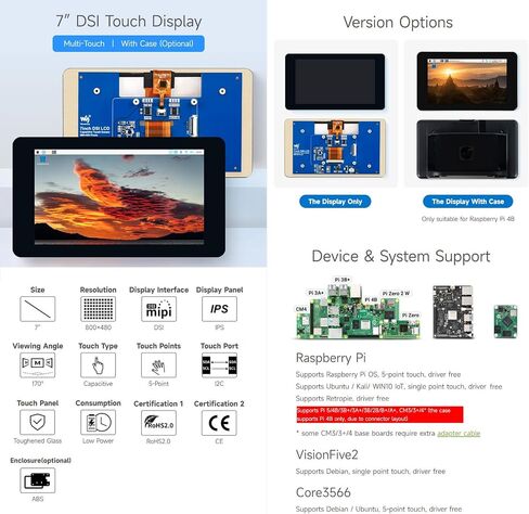 WAVESHARE 7INCH CAPACITIVE TOUCH ، 800 × 480 ، يدعم Raspberry PI 5/4B/3B+/3A+/3B/2B/B+/A+، CM3/3+/4 ، بدون حالة in Saudi Arabia