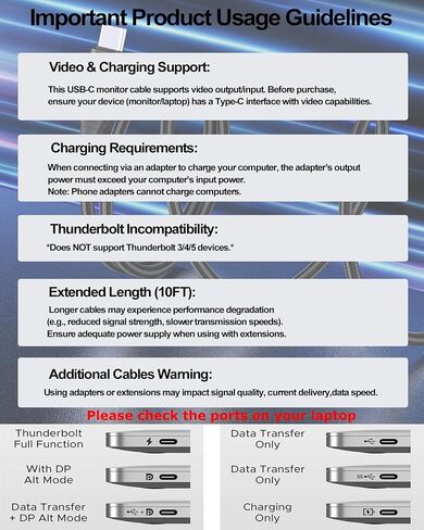 USB C Portable Monitor Cable 6FT 2Pack,USB 3.2 Gen 2x2 Cable 20Gbps,4K,100W in Saudi Arabia