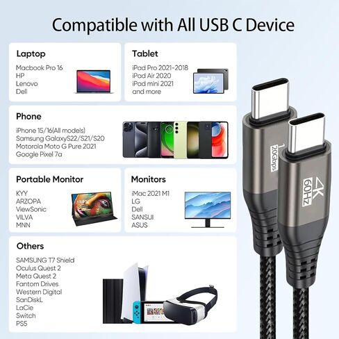 USB C Portable Monitor Cable 6FT 2Pack,USB 3.2 Gen 2x2 Cable 20Gbps,4K,100W in Saudi Arabia