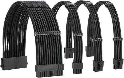 ATX Case Computer Power Extension Cord Nylon Braided Mesh Curved Wire 4-Piece Set 18AWG Tinned Copper Wire 24 Pin PCI-E 8 Pin(Kit A Black) in Saudi Arabia