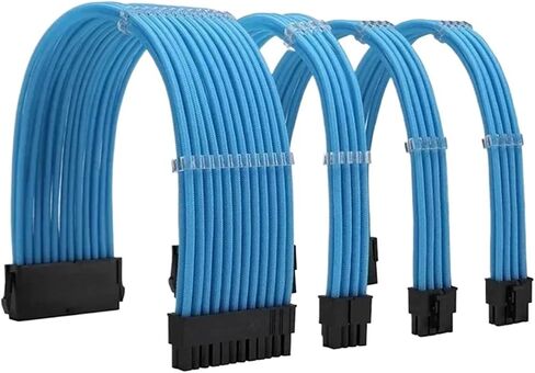 ATX Case Computer Power Extension Cord Nylon Braided Mesh Curved Wire 4-Piece Set 18AWG Tinned Copper Wire 24 Pin PCI-E 8 Pin(Kit A Black) in Saudi Arabia