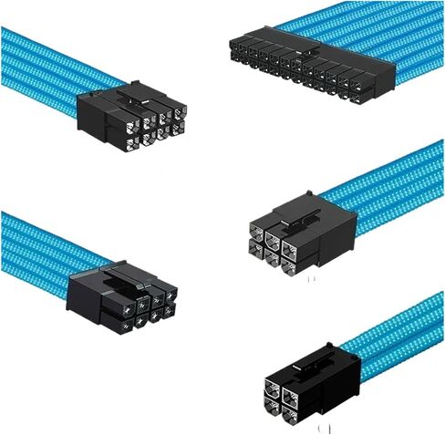 ATX Case Computer Power Extension Cord Nylon Braided Mesh Curved Wire 4-Piece Set 18AWG Tinned Copper Wire 24 Pin PCI-E 8 Pin(Kit A Black) in Saudi Arabia