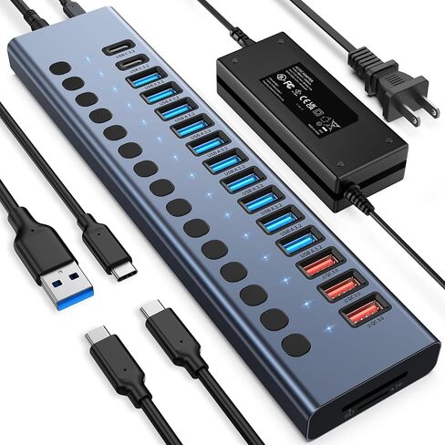 Powered USB Hub, VANGREE 17-Port 90W USB 3.0 Splitter(10 USB 3.0 Ports+3 2.4A Charging Ports+2 USB-C 3.0 Ports+SD/TF Card Reader), Individual On/Off Switches, 12V Power Adapter for Laptop, PC(Black) in Kuwait