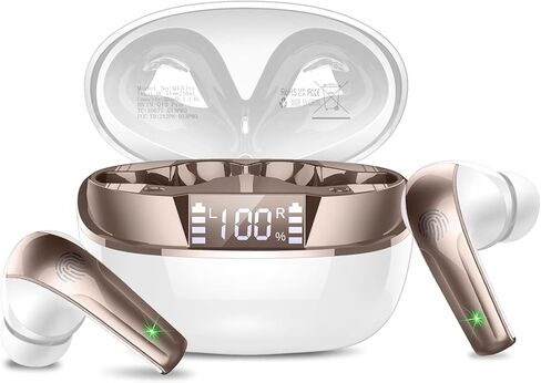 Wireless Earbuds, Bluetooth 5.4 Headphones in Ear, Mini Bluetooth Earbuds HiFi Stereo Deep Bass with 4 ENC Noise Cancelling Mic, Wireless Ear Buds 47H Long Playtime LED IP7 Waterproof USB-C White Gold in Kuwait