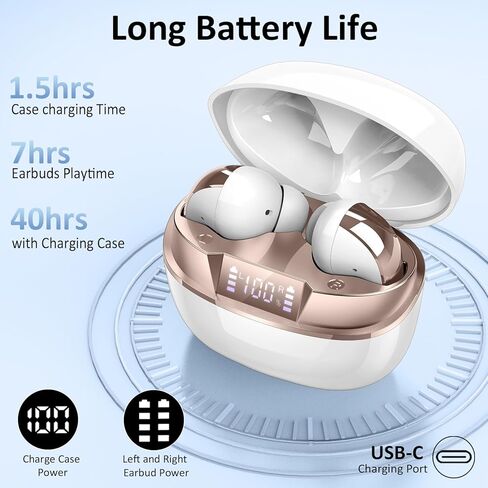 Wireless Earbuds, Bluetooth 5.4 Headphones in Ear, Mini Bluetooth Earbuds HiFi Stereo Deep Bass with 4 ENC Noise Cancelling Mic, Wireless Ear Buds 47H Long Playtime LED IP7 Waterproof USB-C White Gold in Kuwait