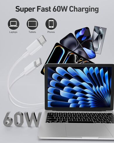 USB C to USB C Cable ، 2 حزمة 60 واط بطول 10 قدم من النوع C الشاحن الشاحن الشاحن السريع لشحن iPhone 16/15 Pro Max/Plus/16E ، iPad ، MacBook ، Samsung S25/S24/S23/S22 ، بكسل ، موتو ، Switch ، Tablet ، Android Phone in Kuwait