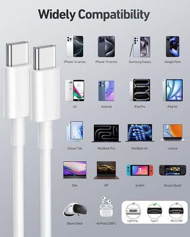 USB C to USB C Cable ، 2 حزمة 60 واط بطول 10 قدم من النوع C الشاحن الشاحن الشاحن السريع لشحن iPhone 16/15 Pro Max/Plus/16E ، iPad ، MacBook ، Samsung S25/S24/S23/S22 ، بكسل ، موتو ، Switch ، Tablet ، Android Phone in Kuwait