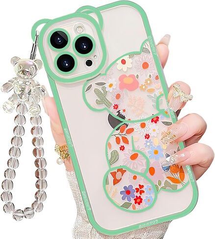 IAIYOXI for iPhone 16 Pro Max Case with Cute Flowers Bear Pattern, Camera Protector, Clear Phone Case and Lovely Strap Bracelet Chain, Compatible for iPhone 16 Pro Max for Girls Women (Black) in Kuwait