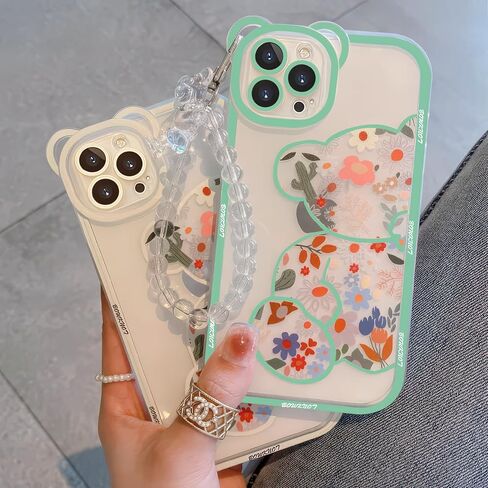 IAIYOXI for iPhone 16 Pro Max Case with Cute Flowers Bear Pattern, Camera Protector, Clear Phone Case and Lovely Strap Bracelet Chain, Compatible for iPhone 16 Pro Max for Girls Women (Black) in Kuwait