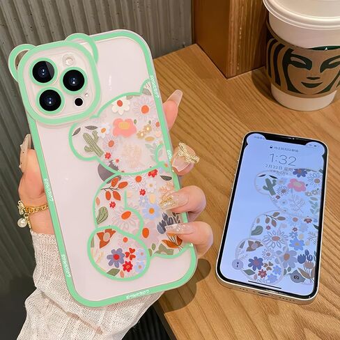 IAIYOXI for iPhone 16 Pro Max Case with Cute Flowers Bear Pattern, Camera Protector, Clear Phone Case and Lovely Strap Bracelet Chain, Compatible for iPhone 16 Pro Max for Girls Women (Black) in Kuwait