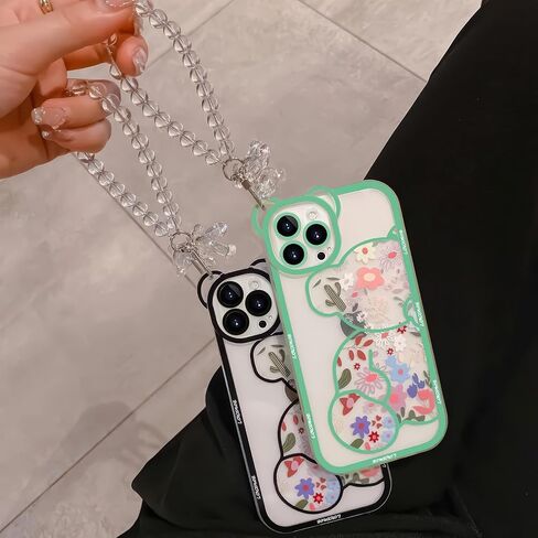 IAIYOXI for iPhone 16 Pro Max Case with Cute Flowers Bear Pattern, Camera Protector, Clear Phone Case and Lovely Strap Bracelet Chain, Compatible for iPhone 16 Pro Max for Girls Women (Black) in Kuwait
