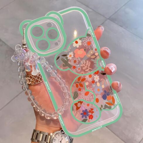 IAIYOXI for iPhone 16 Pro Max Case with Cute Flowers Bear Pattern, Camera Protector, Clear Phone Case and Lovely Strap Bracelet Chain, Compatible for iPhone 16 Pro Max for Girls Women (Black) in Kuwait